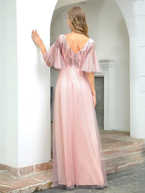 Color=Pink | Cute V-Neck Short Ruffled Sleeves Bridesmaid Dress With Sequin-Pink 2