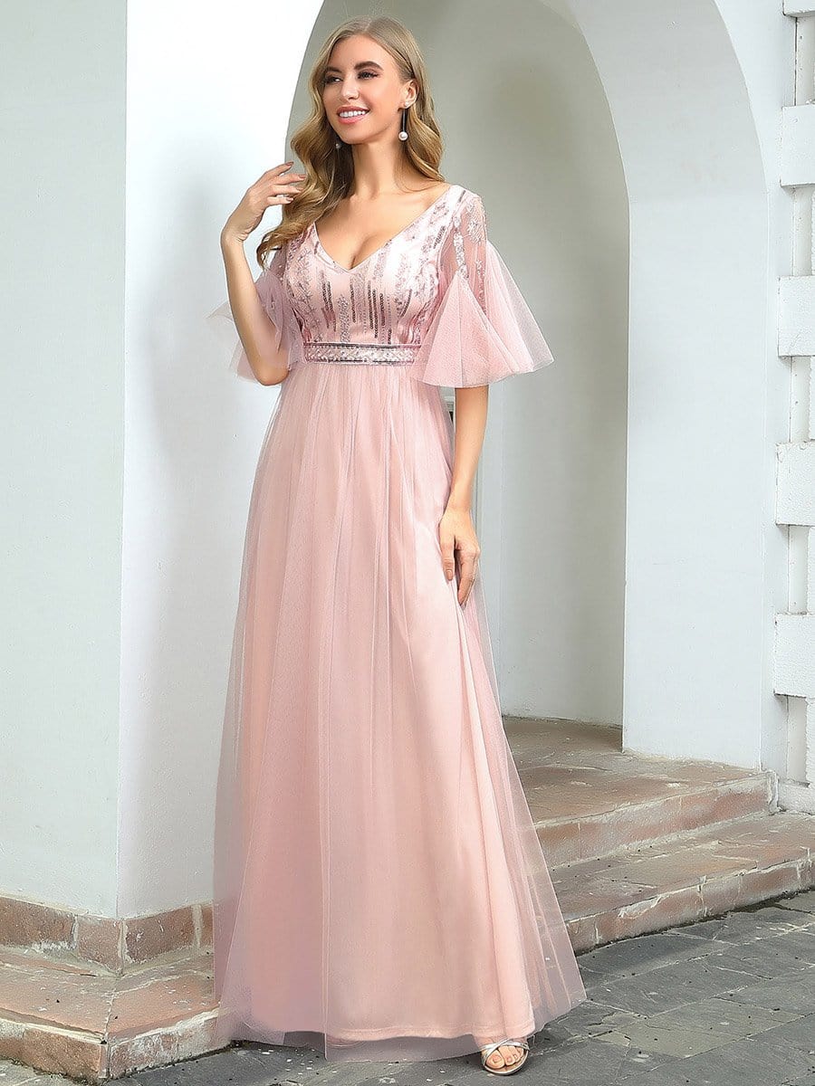 Color=Pink | Cute V-Neck Short Ruffled Sleeves Bridesmaid Dress With Sequin-Pink 3