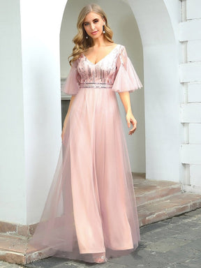 Color=Pink | Cute V-Neck Short Ruffled Sleeves Bridesmaid Dress With Sequin-Pink 4