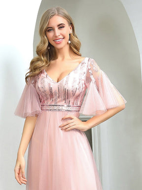 Color=Pink | Cute V-Neck Short Ruffled Sleeves Bridesmaid Dress With Sequin-Pink 5