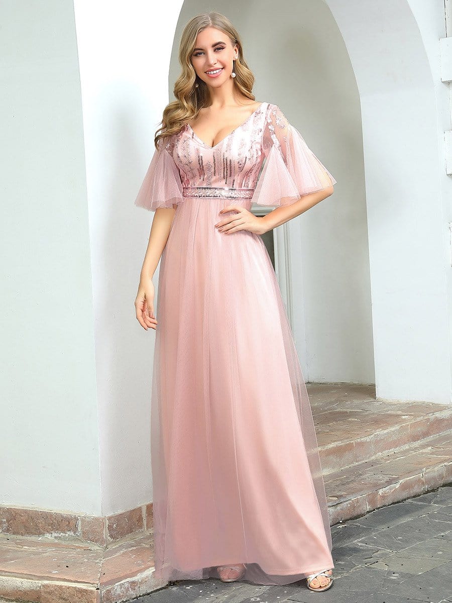 Color=Pink | Cute V-Neck Short Ruffled Sleeves Bridesmaid Dress With Sequin-Pink 1