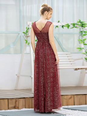 Color=Burgundy | Cute Glittery Illusion Neck A-Line Evening Dress For Women-Burgundy 2