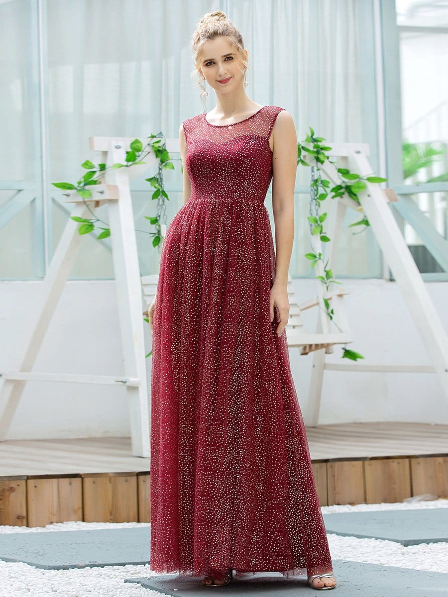 Color=Burgundy | Cute Glittery Illusion Neck A-Line Evening Dress For Women-Burgundy 3