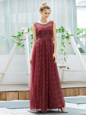 Color=Burgundy | Cute Glittery Illusion Neck A-Line Evening Dress For Women-Burgundy 4