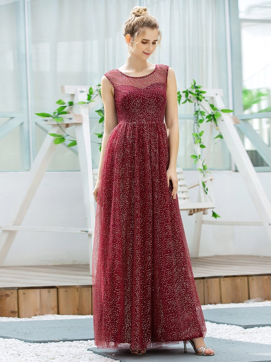 Color=Burgundy | Cute Glittery Illusion Neck A-Line Evening Dress For Women-Burgundy 4