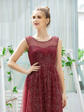 Color=Burgundy | Cute Glittery Illusion Neck A-Line Evening Dress For Women-Burgundy 5