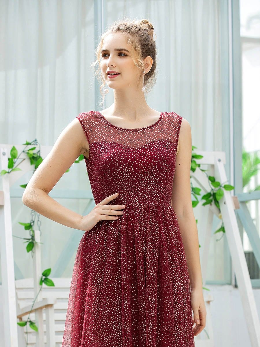 Color=Burgundy | Cute Glittery Illusion Neck A-Line Evening Dress For Women-Burgundy 5