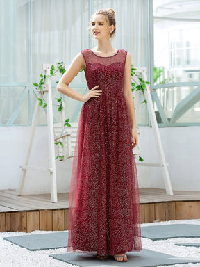 Color=Burgundy | Cute Glittery Illusion Neck A-Line Evening Dress For Women-Burgundy 1