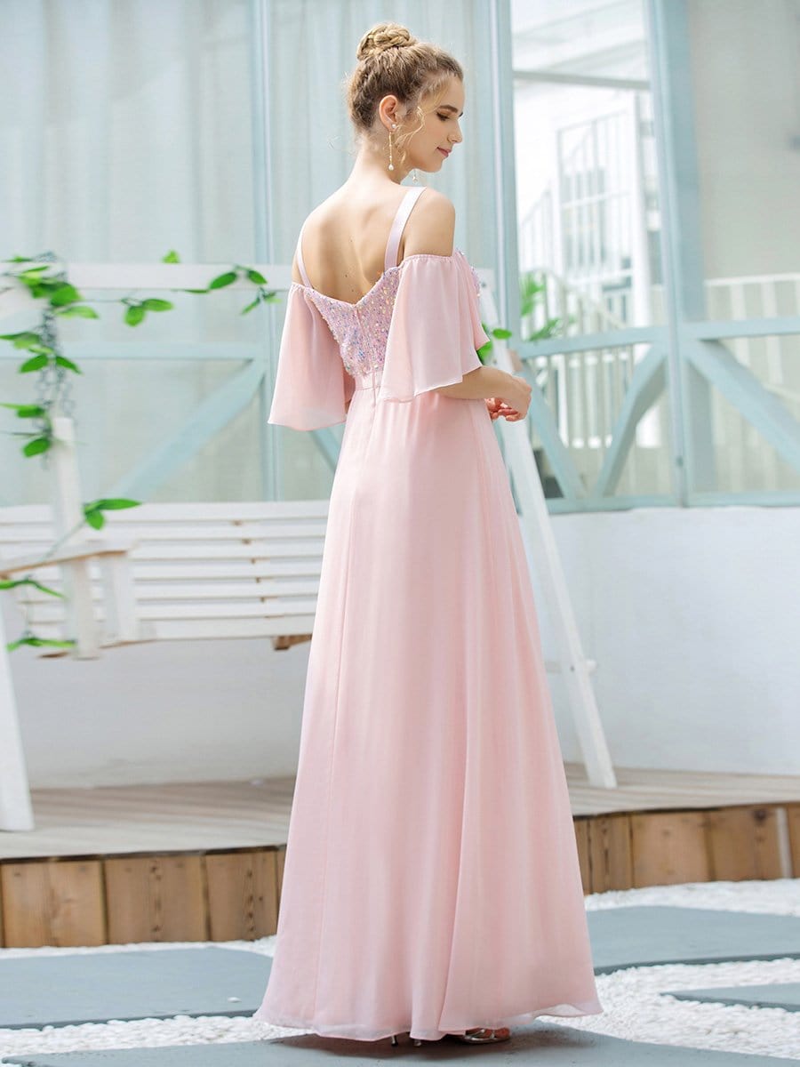 Color=Pink | Cute Flattering V Neck Empire Waist Bridesmaid Dress With Ruffle Sleeves-Pink 2