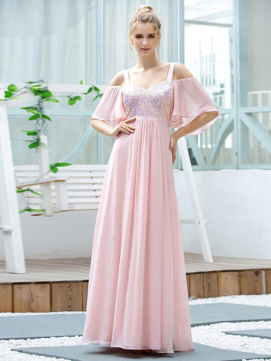 Color=Pink | Cute Flattering V Neck Empire Waist Bridesmaid Dress With Ruffle Sleeves-Pink 4