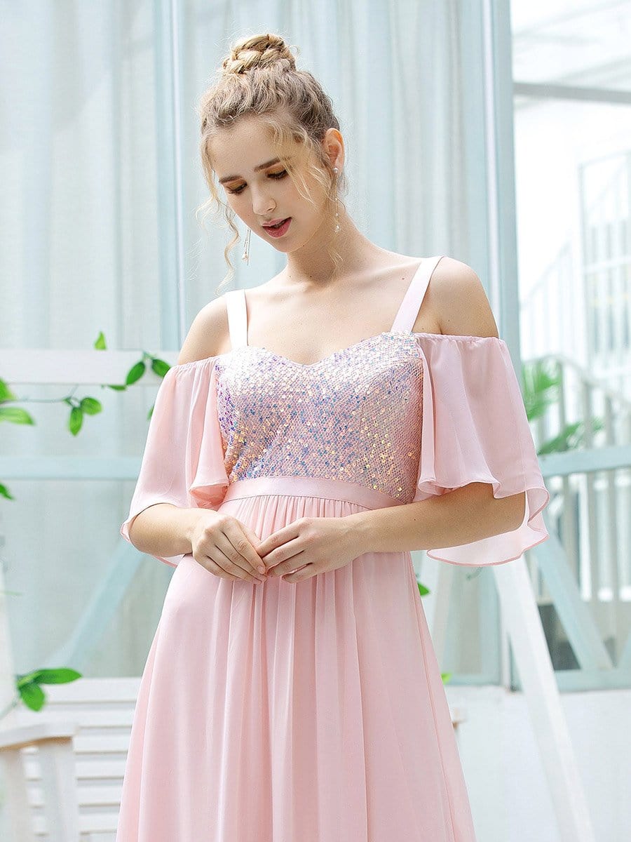 Color=Pink | Cute Flattering V Neck Empire Waist Bridesmaid Dress With Ruffle Sleeves-Pink 5
