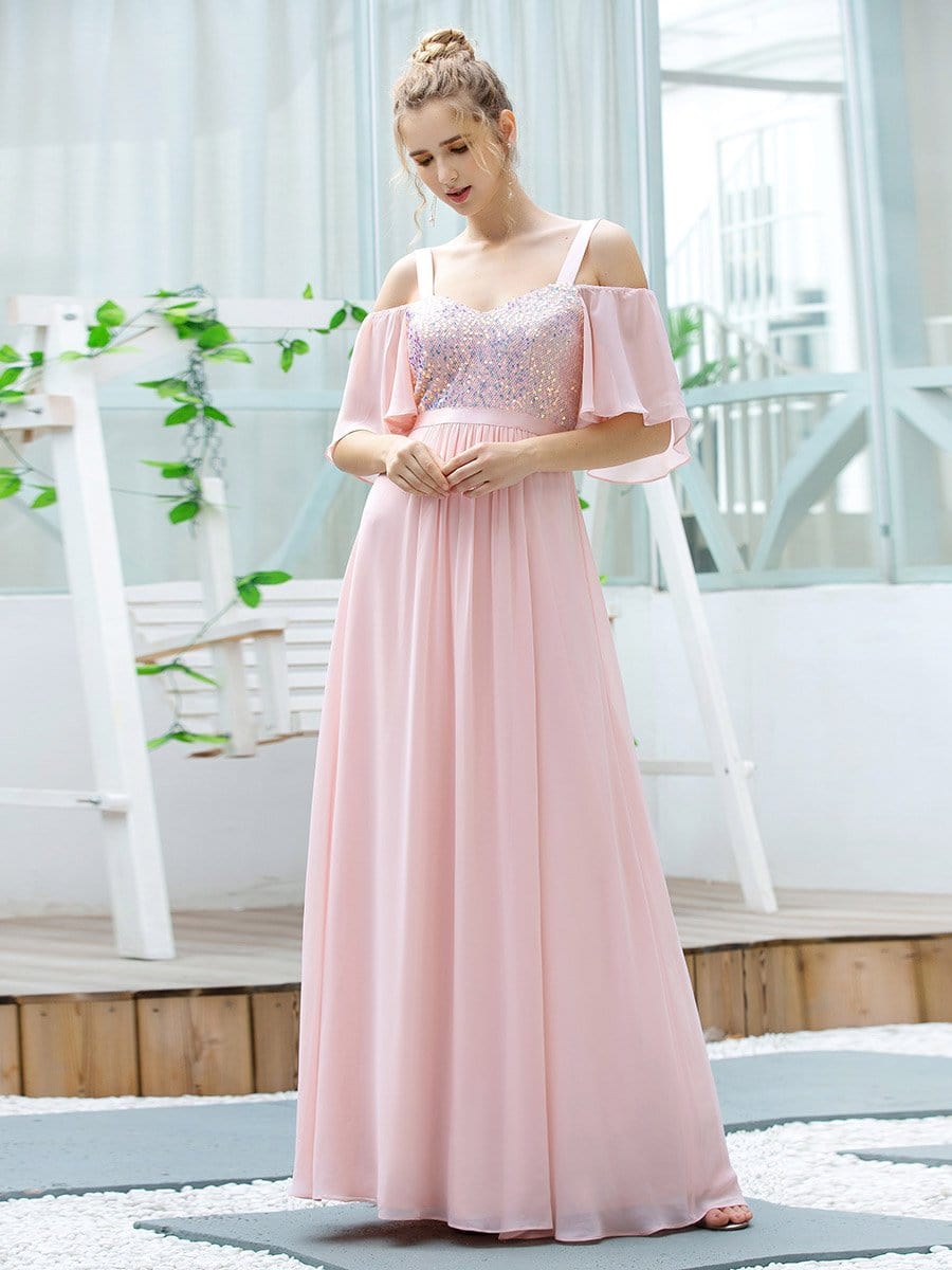 Color=Pink | Cute Flattering V Neck Empire Waist Bridesmaid Dress With Ruffle Sleeves-Pink 1