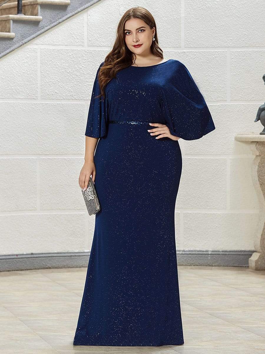 Color=Sapphire Blue | Sexy V Shaped Back Plus Size Mermaid Evening Dress With Wraps-Sapphire Blue 4