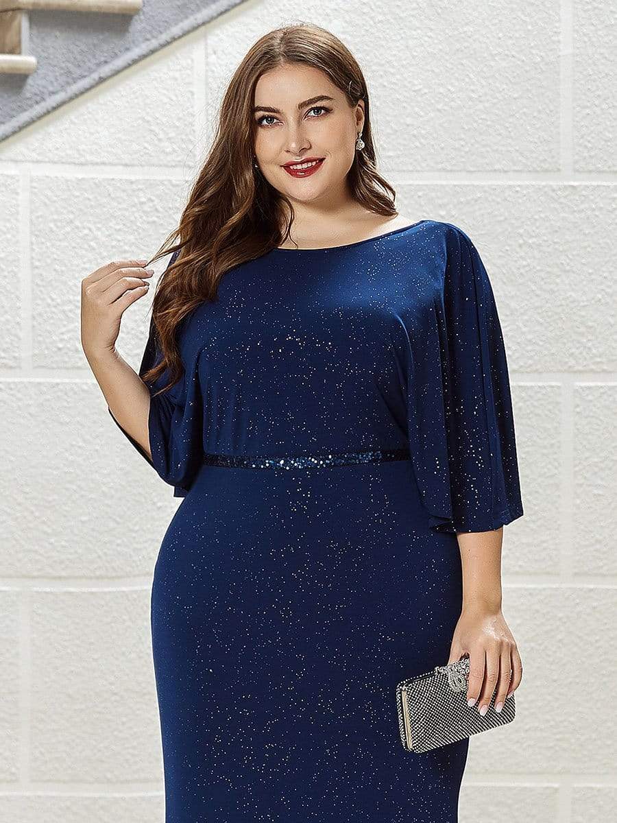 Color=Sapphire Blue | Sexy V Shaped Back Plus Size Mermaid Evening Dress With Wraps-Sapphire Blue 5