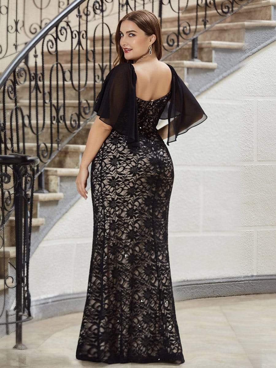 Color=Black | Elegant Floor Length V-Neck Chiffon And Lace Evening Dress-Black 2