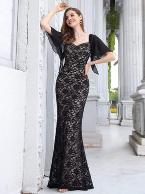 Color=Black | Elegant Floor Length V-Neck Chiffon And Lace Evening Dress-Black 3