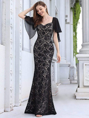 Color=Black | Elegant Floor Length V-Neck Chiffon And Lace Evening Dress-Black 4