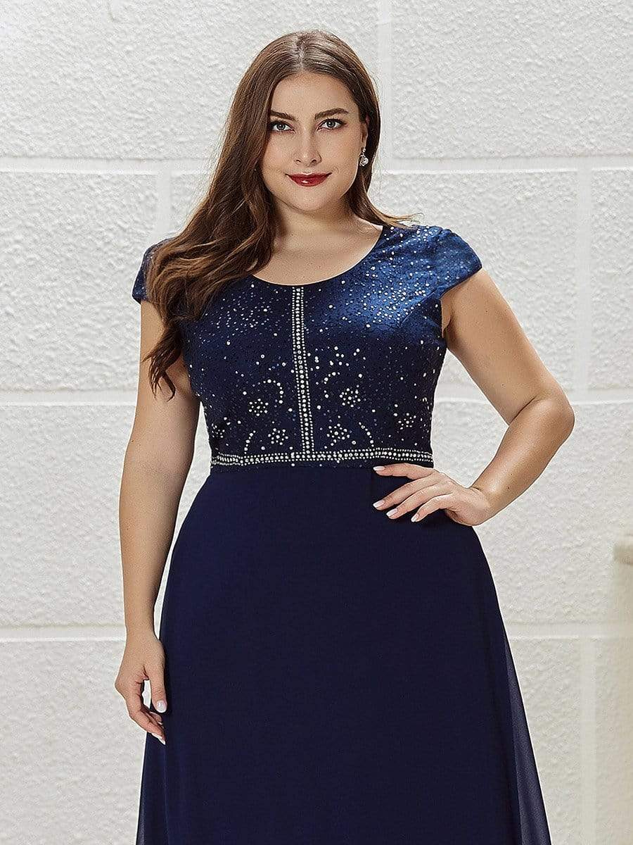 Color=Navy Blue | Classic Round Neck A-Line Plus Size Chiffon Prom Dress For Women-Navy Blue 5