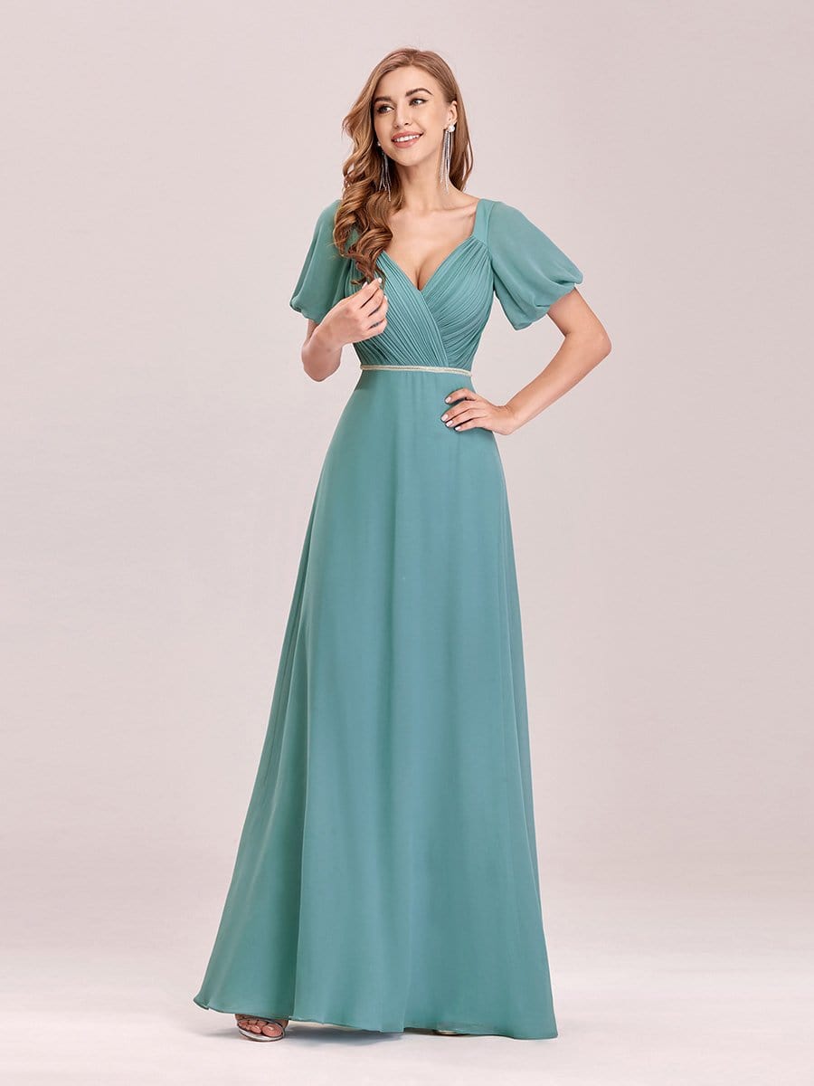 Color=Dusty blue | Gorgeous Short Lantern Sleeves V-Neck Floor Length Chiffon Bridesmaid Dress-Dusty Blue 7