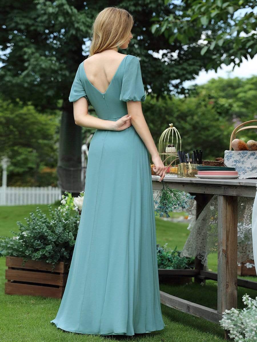 Color=Dusty blue | Gorgeous Short Lantern Sleeves V-Neck Floor Length Chiffon Bridesmaid Dress-Dusty Blue 2