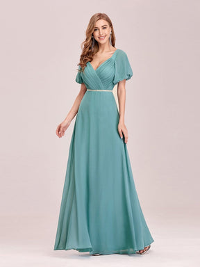 Color=Dusty blue | Gorgeous Short Lantern Sleeves V-Neck Floor Length Chiffon Bridesmaid Dress-Dusty Blue 6