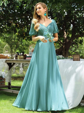 Color=Dusty blue | Gorgeous Short Lantern Sleeves V-Neck Floor Length Chiffon Bridesmaid Dress-Dusty Blue 1