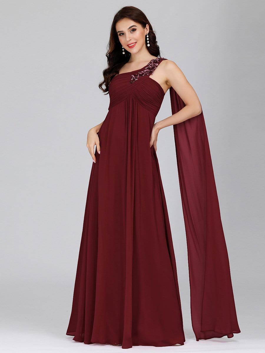 Color=Burgundy | Cute One Shoulder A-Line Floor Length Bridesmaid Dress With Appliques-Burgundy 4