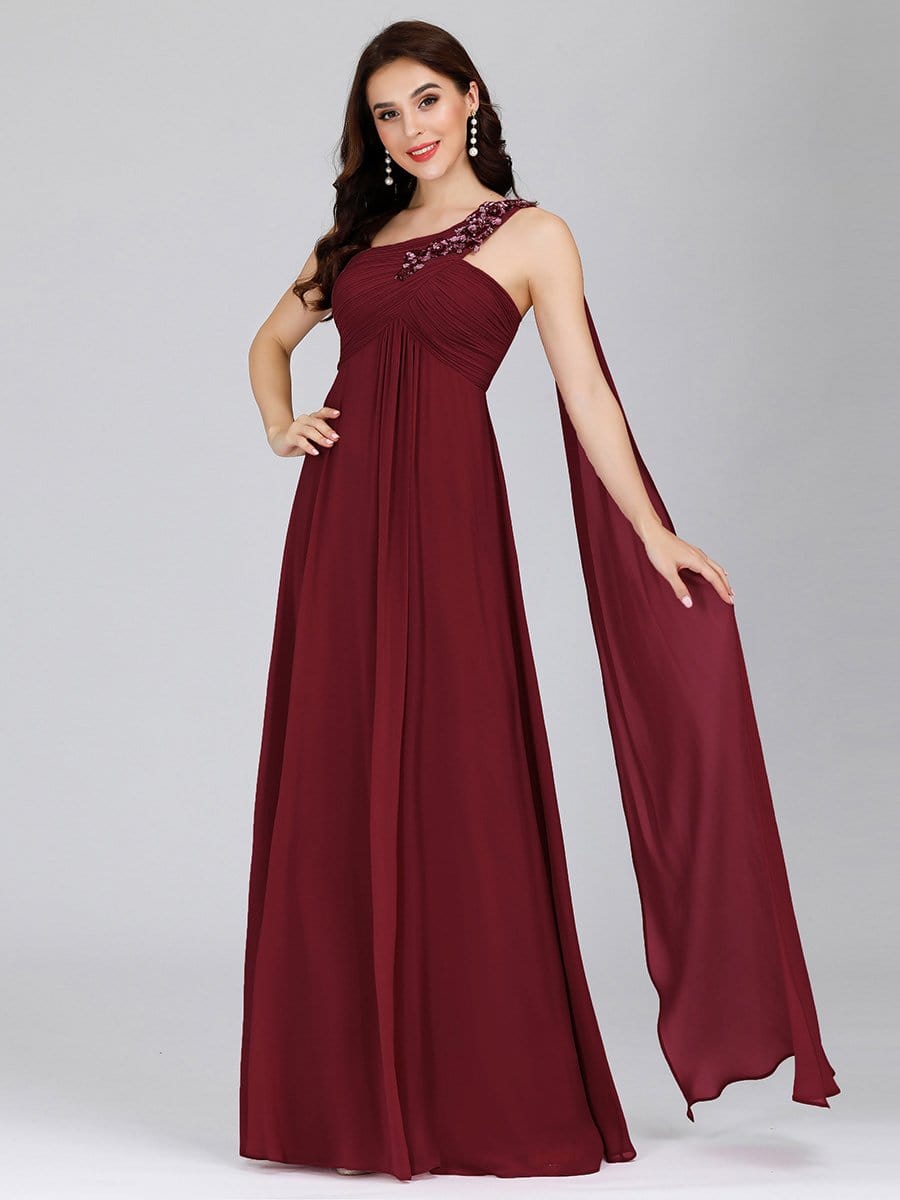 Color=Burgundy | Cute One Shoulder A-Line Floor Length Bridesmaid Dress With Appliques-Burgundy 1