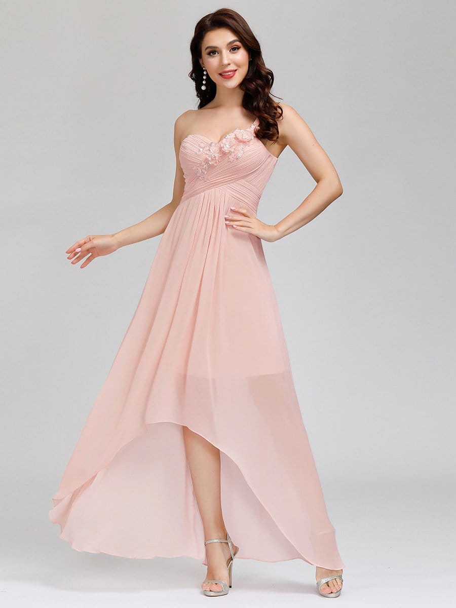 Color=Pink | Elegant Floor Length One-Shoulder Chiffon Bridesmaid Dress For Women-Pink 8