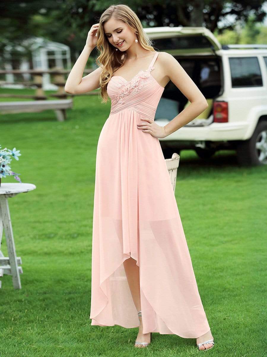 Color=Pink | Elegant Floor Length One-Shoulder Chiffon Bridesmaid Dress For Women-Pink 3