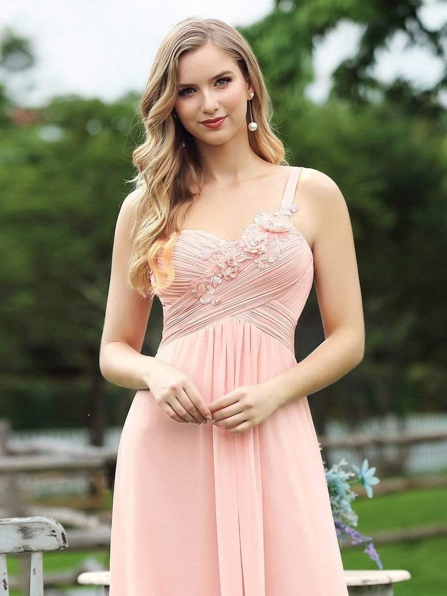 Color=Pink | Elegant Floor Length One-Shoulder Chiffon Bridesmaid Dress For Women-Pink 5