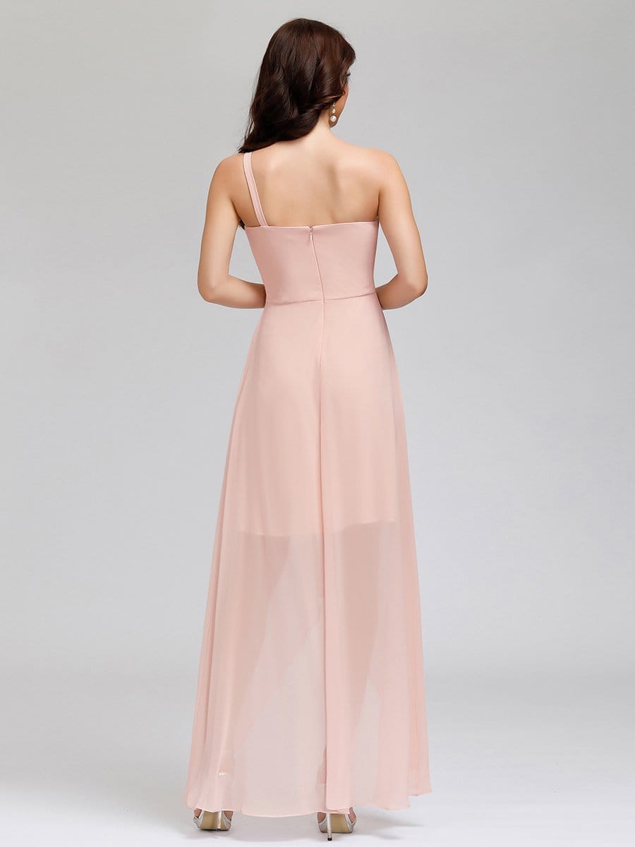 Color=Pink | Elegant Floor Length One-Shoulder Chiffon Bridesmaid Dress For Women-Pink 7