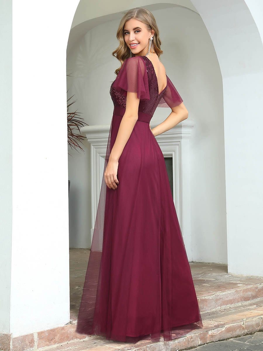 Color=Burgundy | Fashion A-Line Floor Length Tulle Evening Dress With Sequin-Burgundy 2