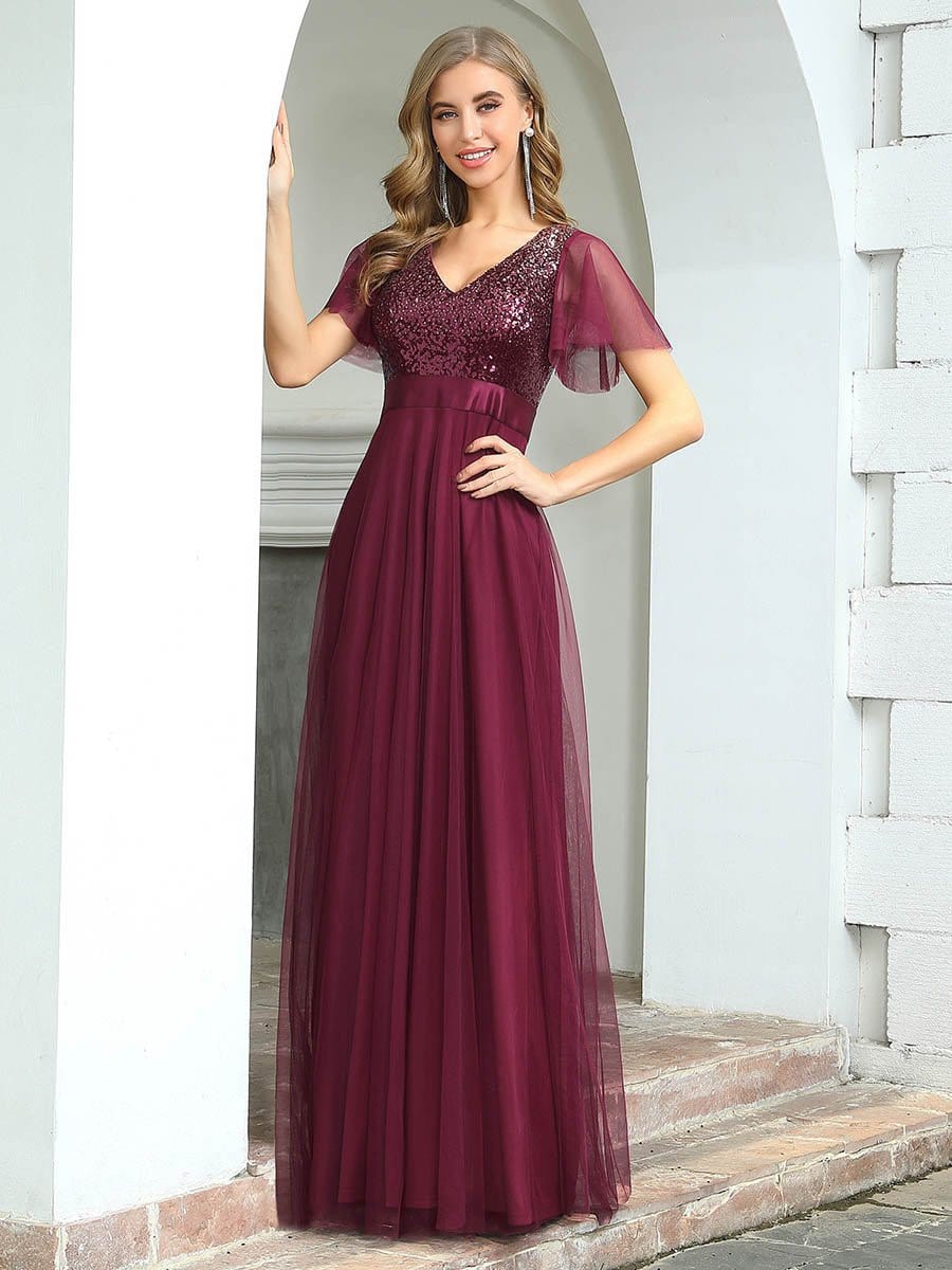 Color=Burgundy | Fashion A-Line Floor Length Tulle Evening Dress With Sequin-Burgundy 3