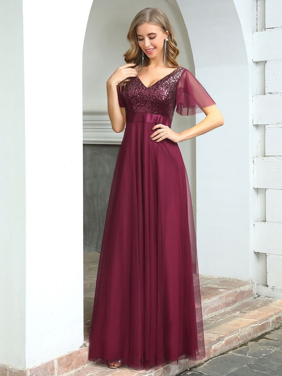 Color=Burgundy | Fashion A-Line Floor Length Tulle Evening Dress With Sequin-Burgundy 4