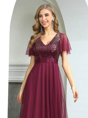 Color=Burgundy | Fashion A-Line Floor Length Tulle Evening Dress With Sequin-Burgundy 5