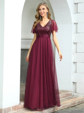 Color=Burgundy | Fashion A-Line Floor Length Tulle Evening Dress With Sequin-Burgundy 1