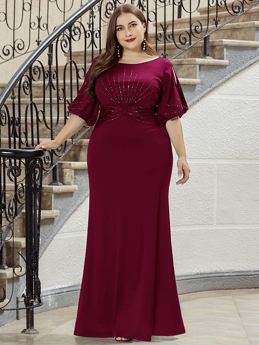 Color=Burgundy | Trendy Round Neck Floor Length Evening Dress For Women-Burgundy 4