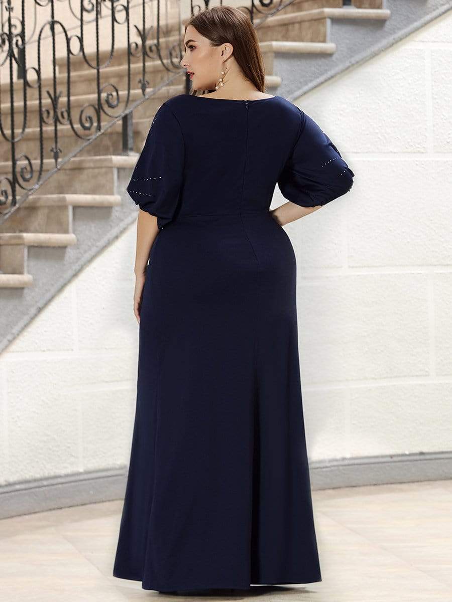 Color=Navy Blue | Trendy Round Neck Floor Length Evening Dress For Women-Navy Blue 10