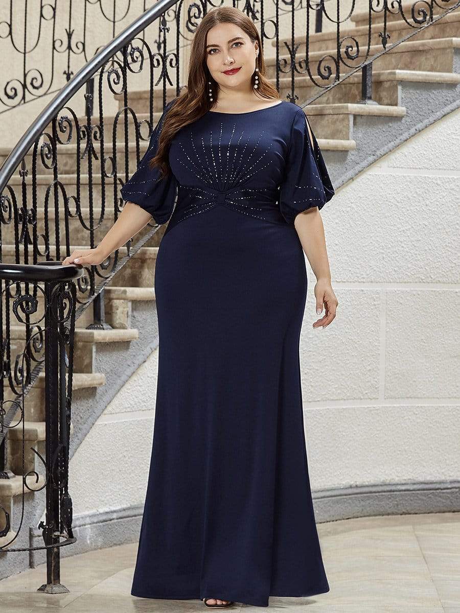 Color=Navy Blue | Trendy Round Neck Floor Length Evening Dress For Women-Navy Blue 10