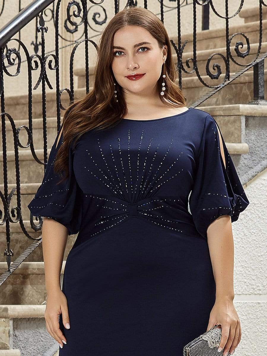 Color=Navy Blue | Trendy Round Neck Floor Length Evening Dress For Women-Navy Blue 10
