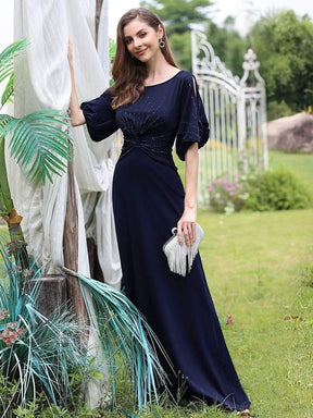 Color=Navy Blue | Trendy Round Neck Floor Length Evening Dress For Women-Navy Blue 10