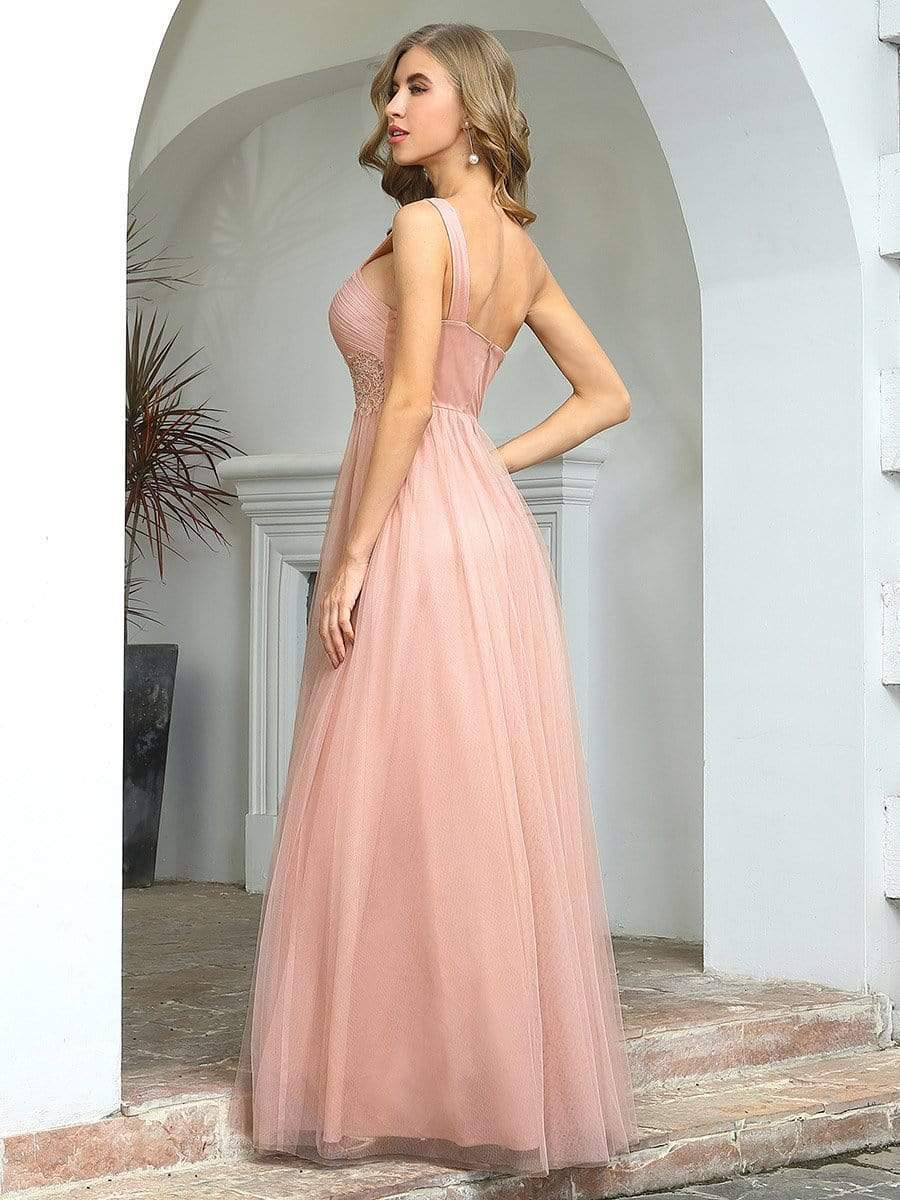 Color=Pink | Cute One Shoulder Ruched Bust Bridesmaid Dresses With Appliques-Pink 2