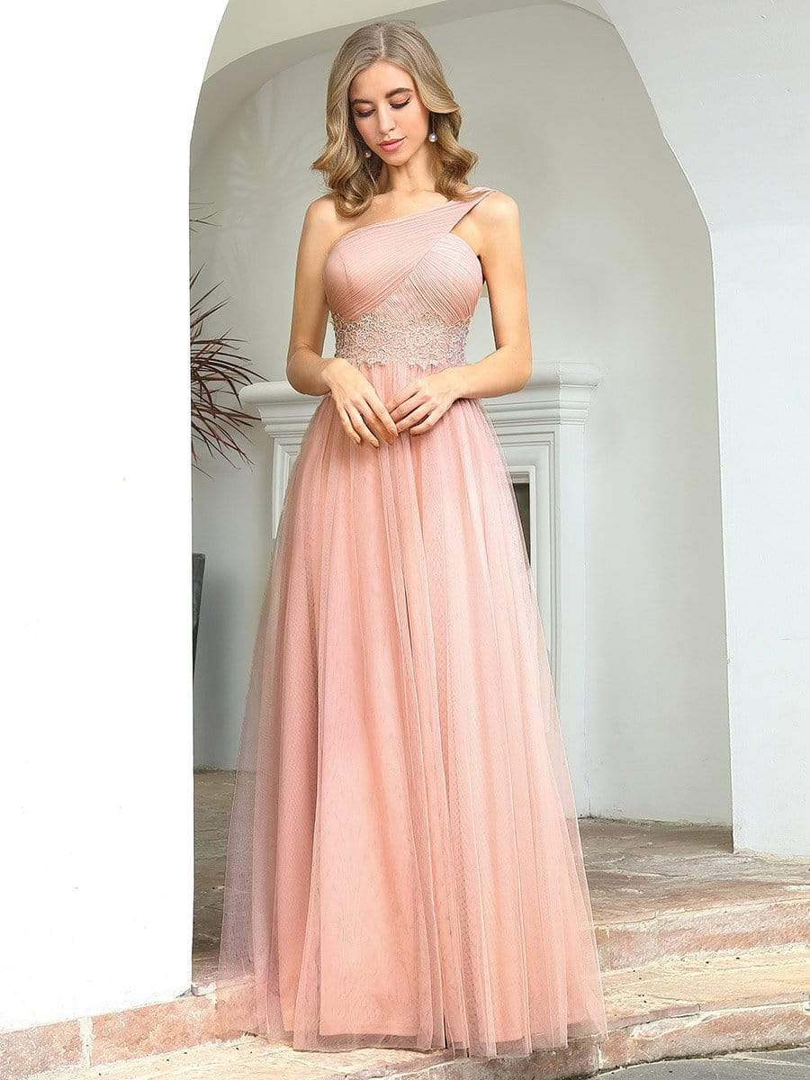 Color=Pink | Cute One Shoulder Ruched Bust Bridesmaid Dresses With Appliques-Pink 3