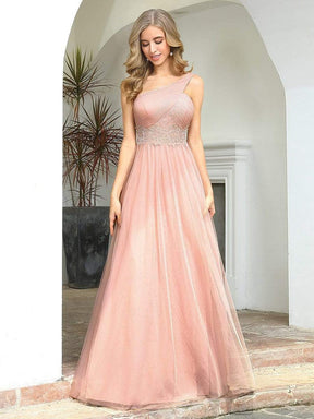 Color=Pink | Cute One Shoulder Ruched Bust Bridesmaid Dresses With Appliques-Pink 4