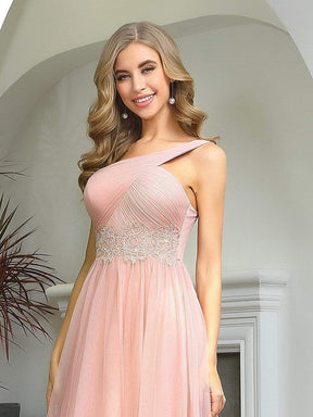 Color=Pink | Cute One Shoulder Ruched Bust Bridesmaid Dresses With Appliques-Pink 5