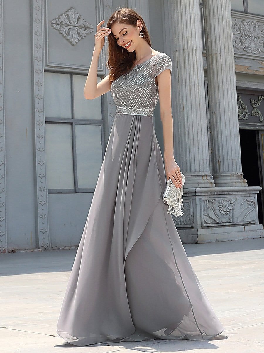 Color=Grey | Elegant One Shoulder A-Line Chiffon Bridesmaid Dress With Sequin-Grey 3
