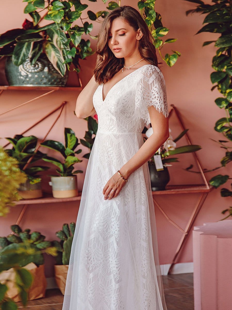 Color=White | Elegant Simple Deep V Neck A-Line Lace & Tulle Wedding Dress-White 7