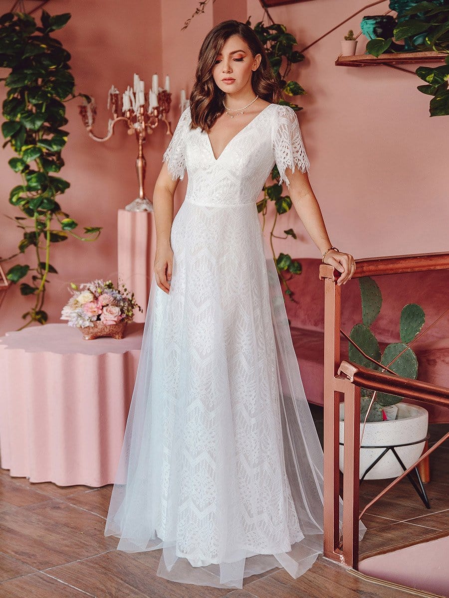 Color=White | Elegant Simple Deep V Neck A-Line Lace & Tulle Wedding Dress-White 9