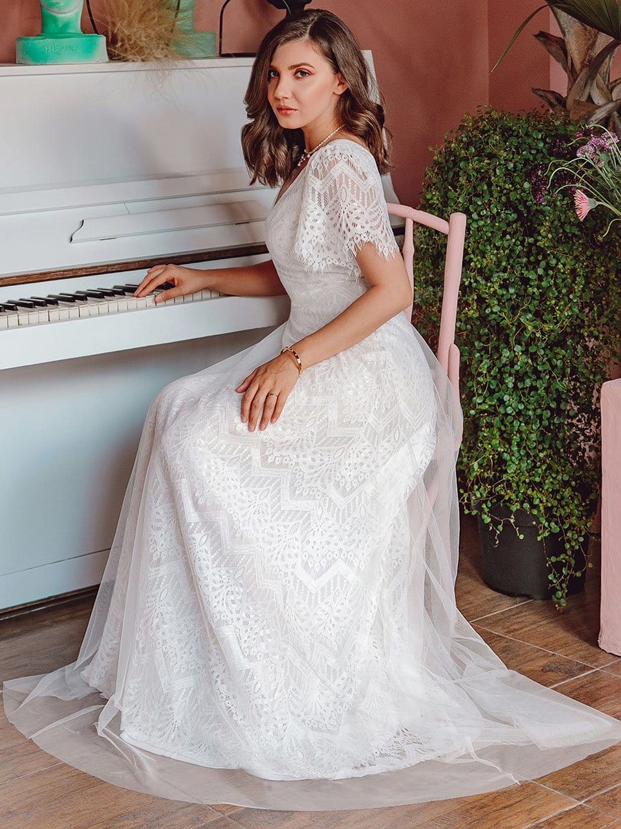 Color=White | Elegant Simple Deep V Neck A-Line Lace & Tulle Wedding Dress-White 12